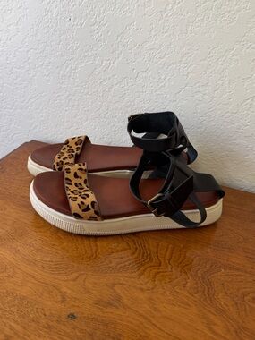 MIA Womens Leopard & Black Ankle-Strap Platform Sandals